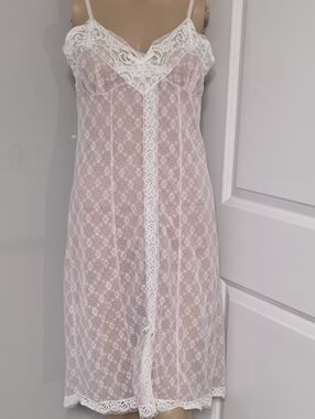 Vintage Perlon Delicate Pink Lace Babydoll Chemise w/ White Lace Trim Sz XL/42